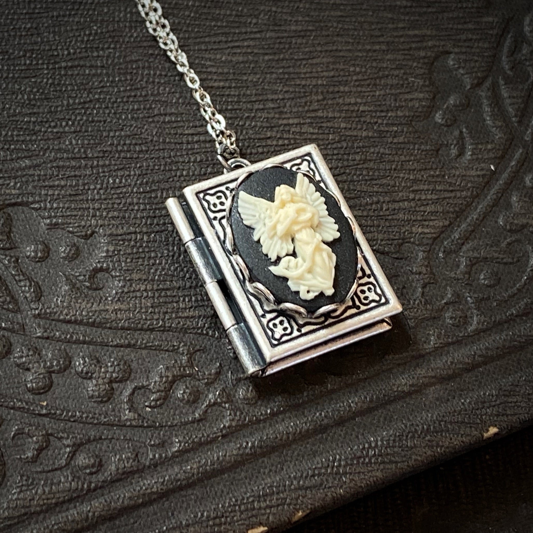 Cameo Book Locket in Antique Silver