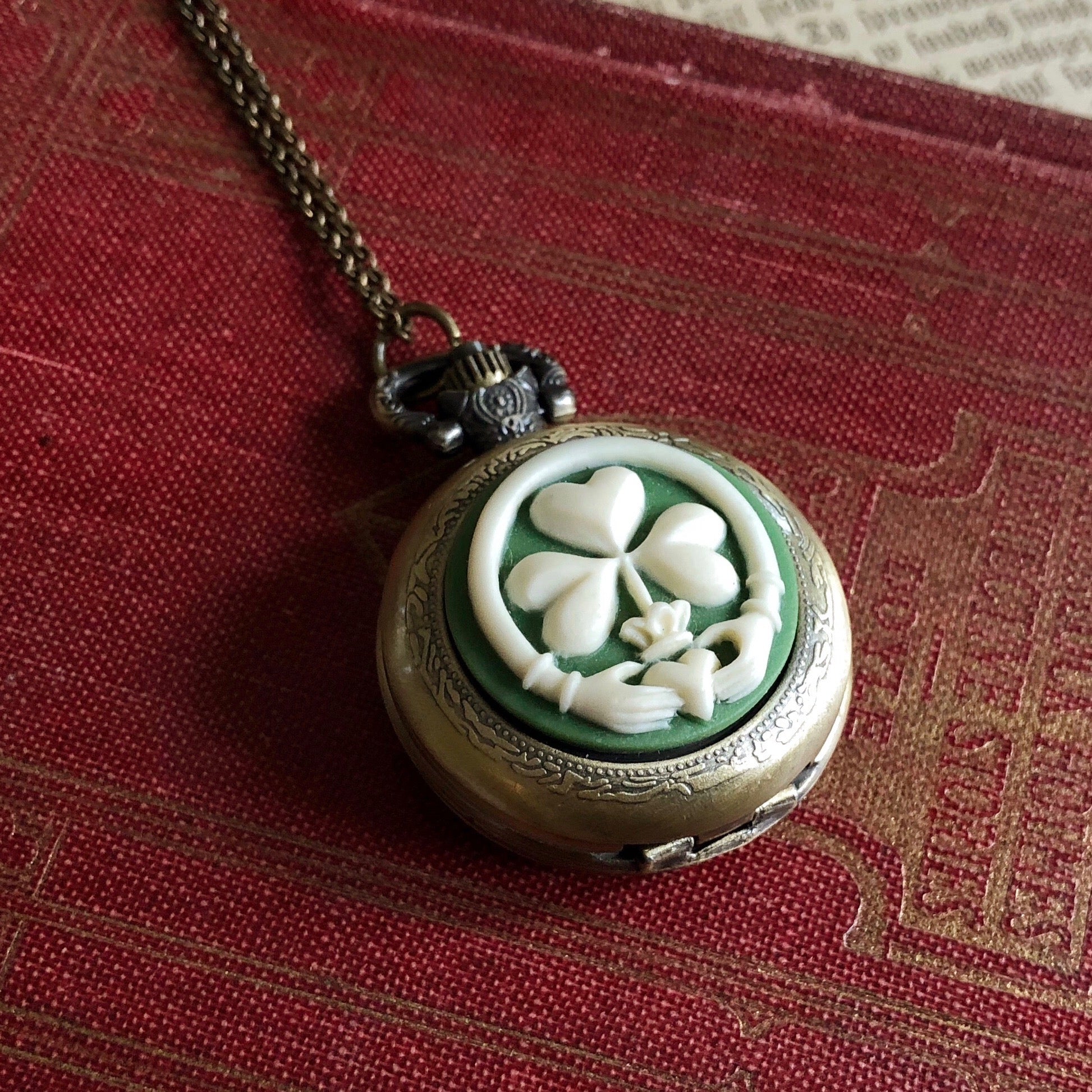 Claddagh Clover Pocket Watch Necklace