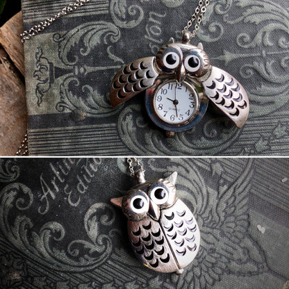 A bronze owl-shaped watch necklace with a quartz face. Two watches are displayed, one open and the other closed.