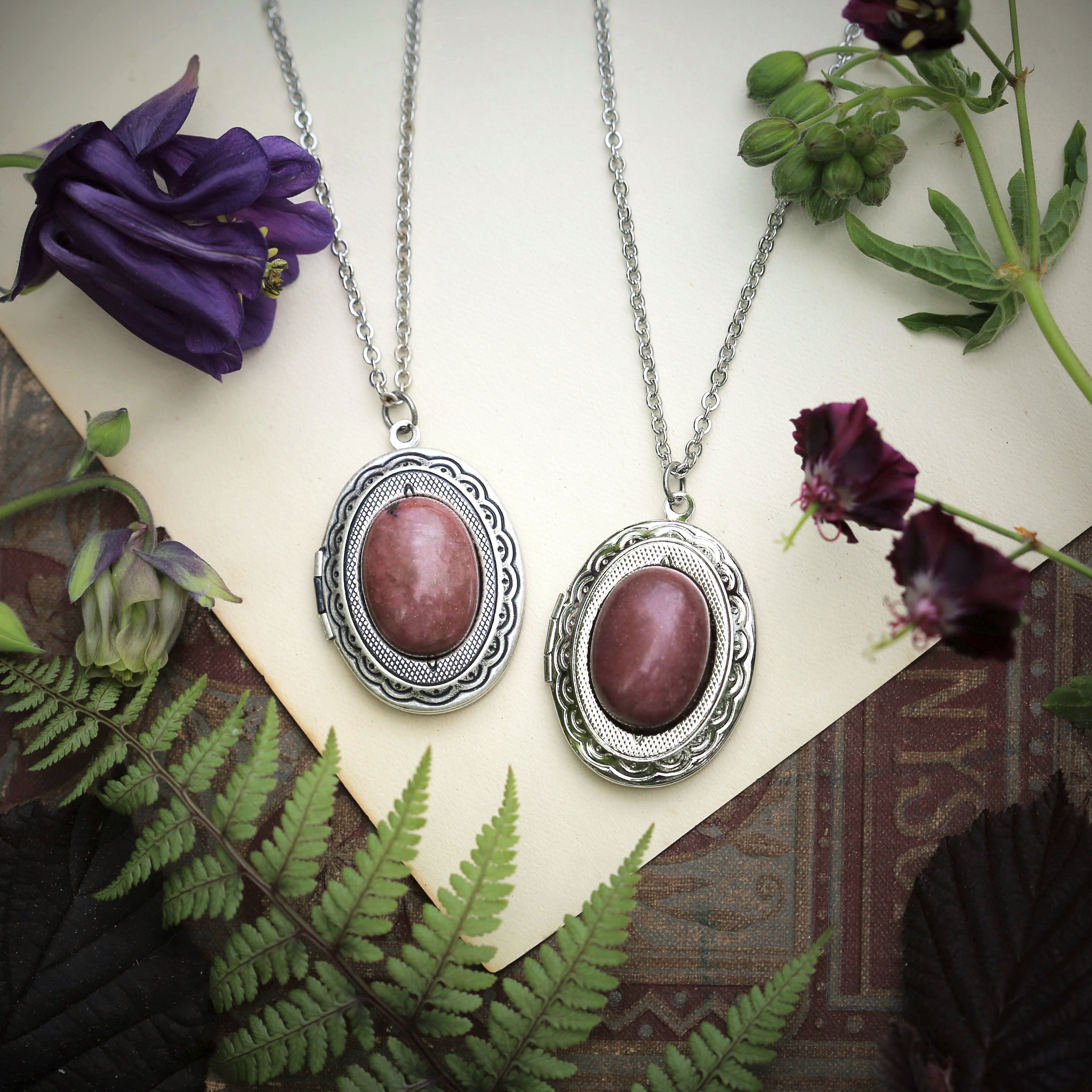 antiqued silver pastel academia oval locket necklace with rose pink rhodonite semi precious stone mineral cabochon