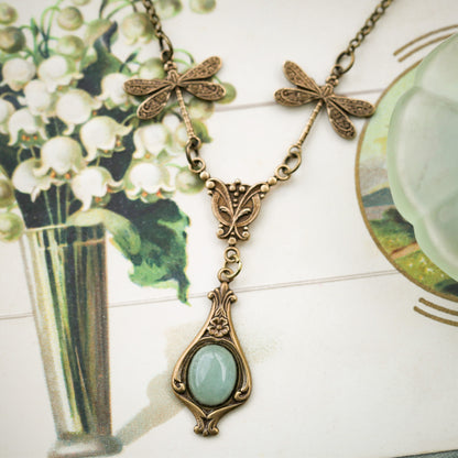 antiqued silver vintage-style dragonfly simple drop green aventurine semi-precious stone pendant in green witch aesthetic