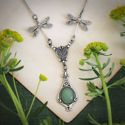 antiqued silver vintage-style dragonfly simple drop green aventurine semi-precious stone pendant in green witch aesthetic