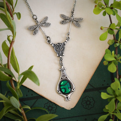 antiqued silver vintage-style dragonfly simple drop green shell pendant in cottagecore aesthetic