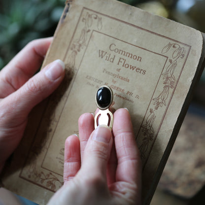 Antiqued brass metal clip rock bookmarks with oval semi-precious oval stone cabochons in black onyx gemstone in gothic style gift for bibliophile