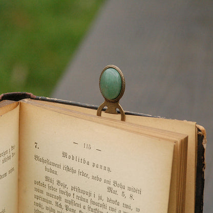 Antiqued brass metal clip bookmark with oval semi-precious oval stone cabochons in green aventuine for bookstore girl gift for student
