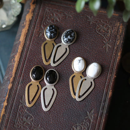 Antiqued brass and silver metal clip bookmarks with oval semi-precious oval stone cabochons in black onyx snowflake obsidian and white howlite in gothic style gift for librarian