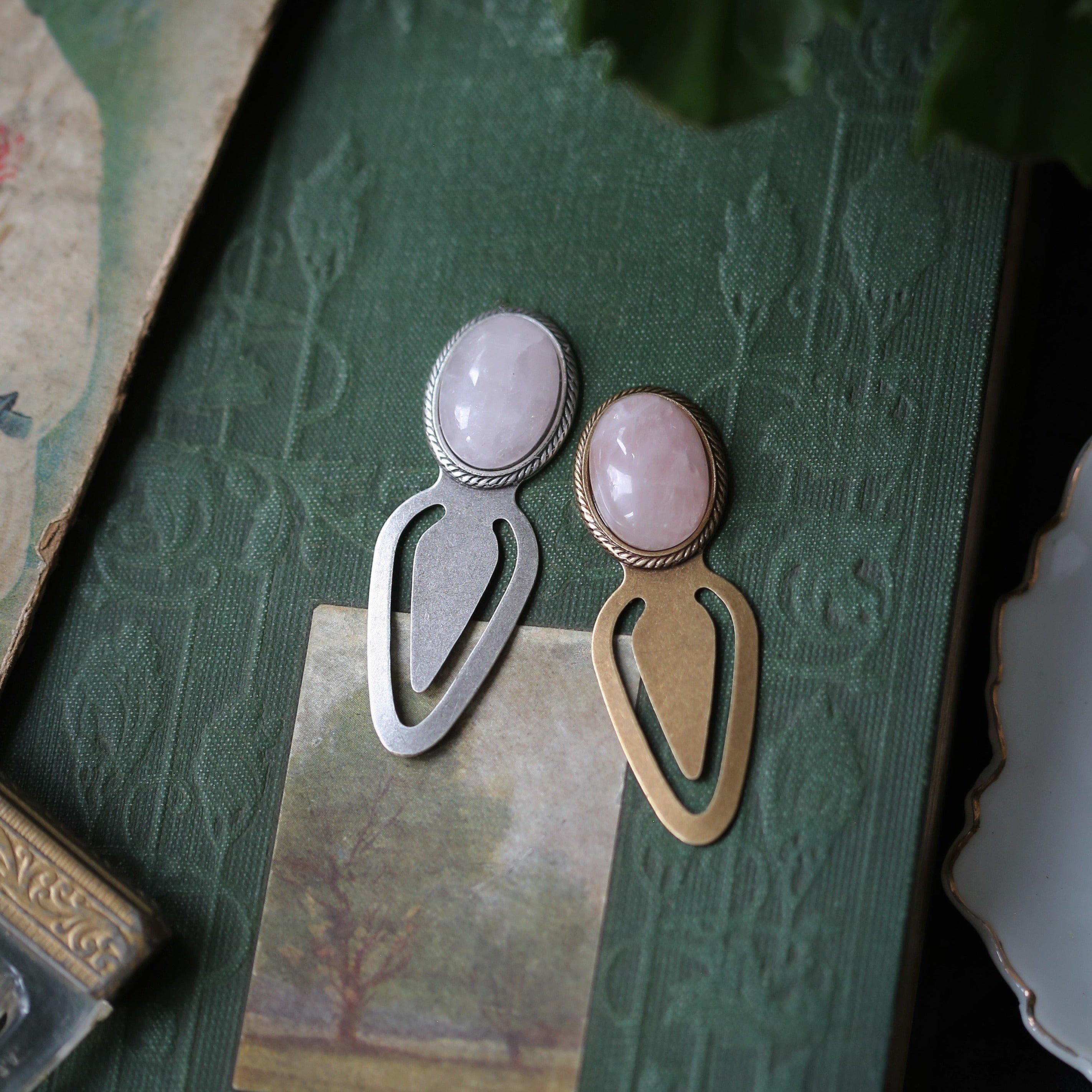 Antiqued brass and silver metal clip bookmarks with oval semi-precious oval stone cabochons in shades of pink rose quartz princesscore gift for bookworm

