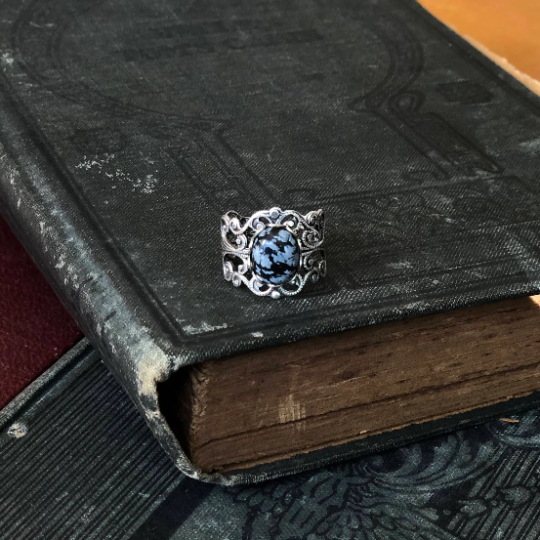 Antiqued silver adjustable vintage style ring with snowflake obsidian stone mineral