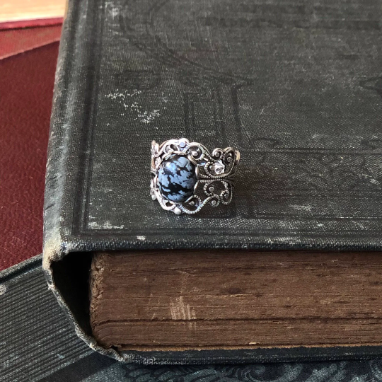 Antiqued silver adjustable vintage style ring with snowflake obsidian stone mineral