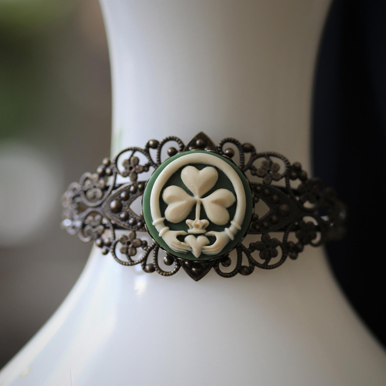 Claddagh Clover Cameo Cuff Bracelet