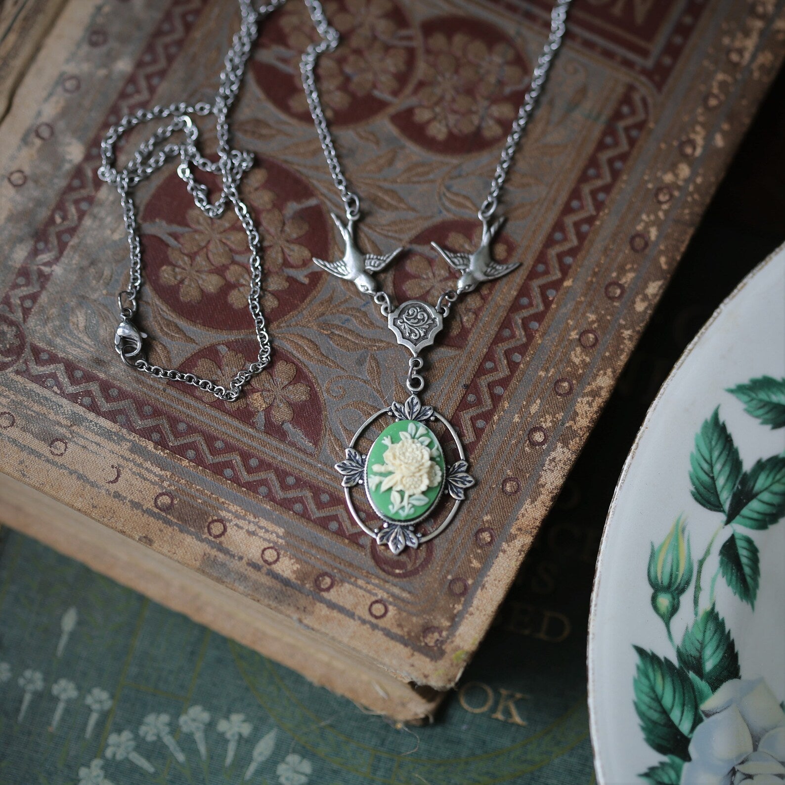 Victorian Rose Bouquet Flower Cameo Necklace - Choose a Color and Metal