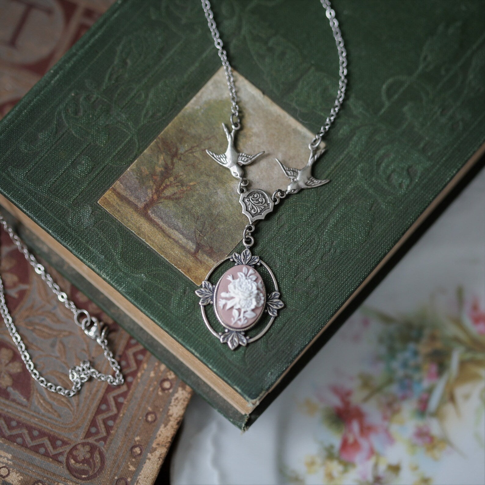 Victorian Rose Bouquet Flower Cameo Necklace - Choose a Color and Metal