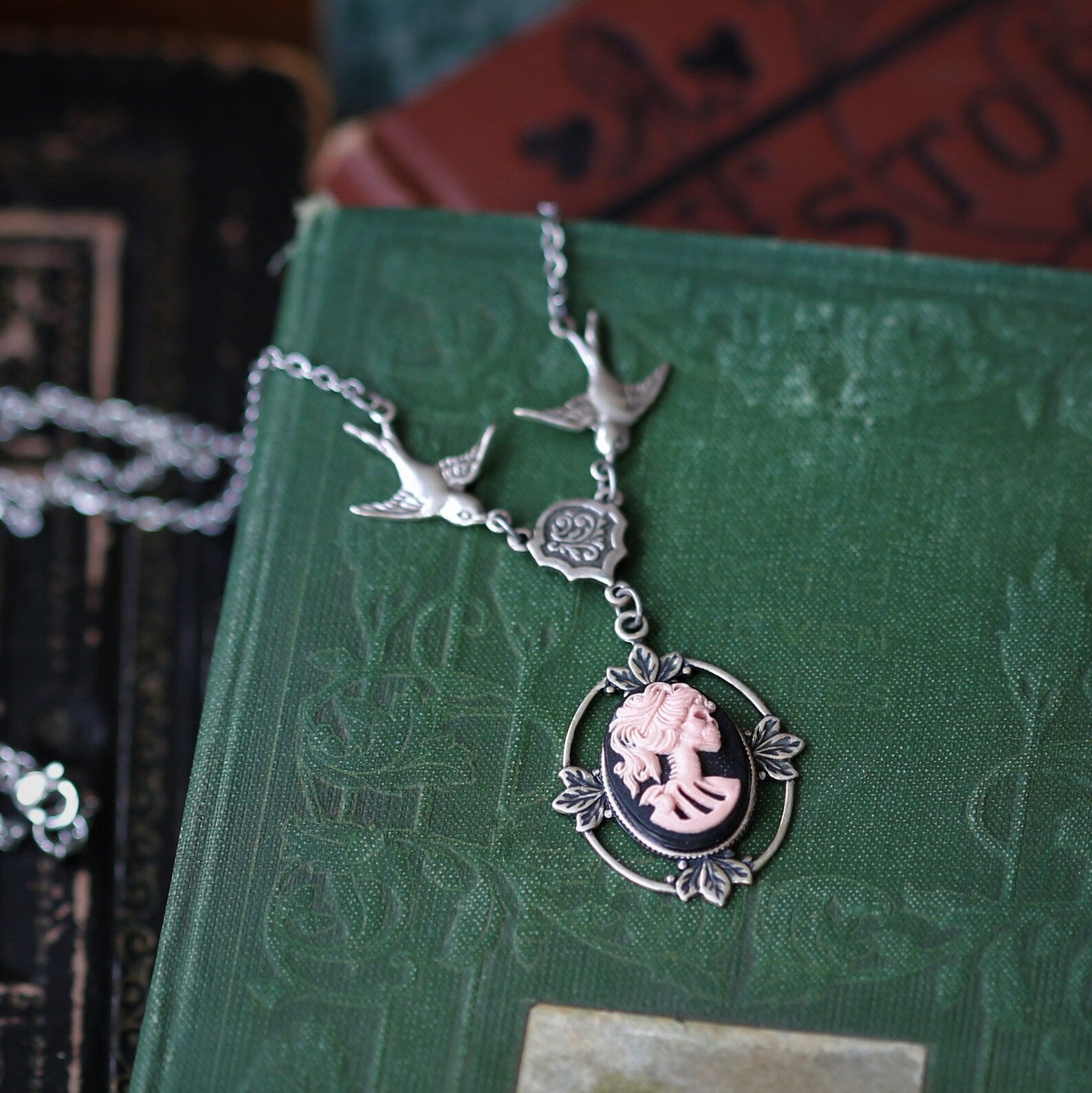 Skeleton Lady Cameo Necklace - Choose a Color and Metal