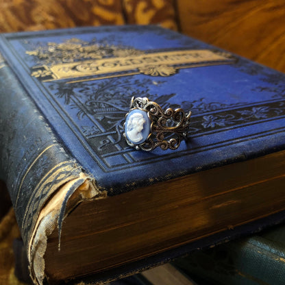 Blue Lady Cameo Ring in Silver Filigree