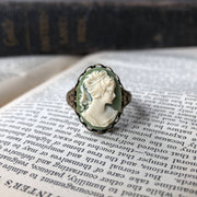 Green and White Woman Cameo Ring
