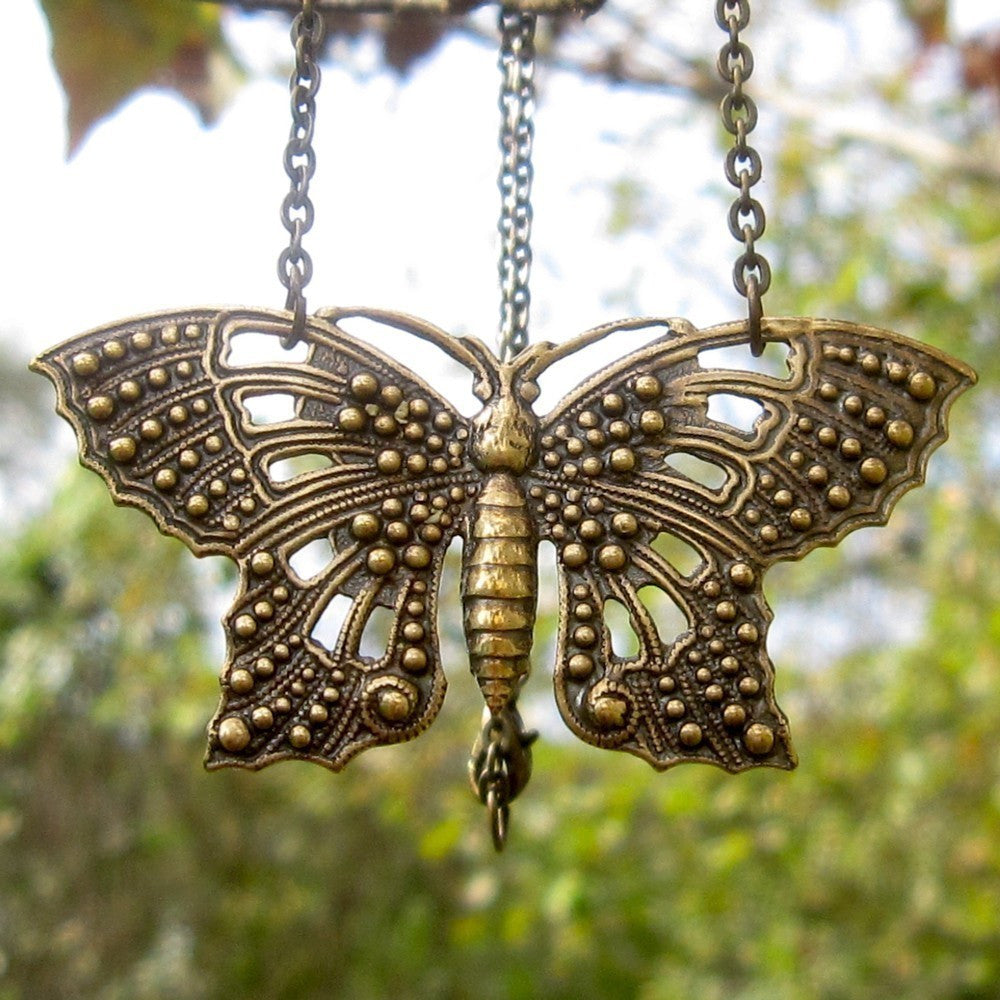 Brass Filigree Butterfly Pendant Necklace