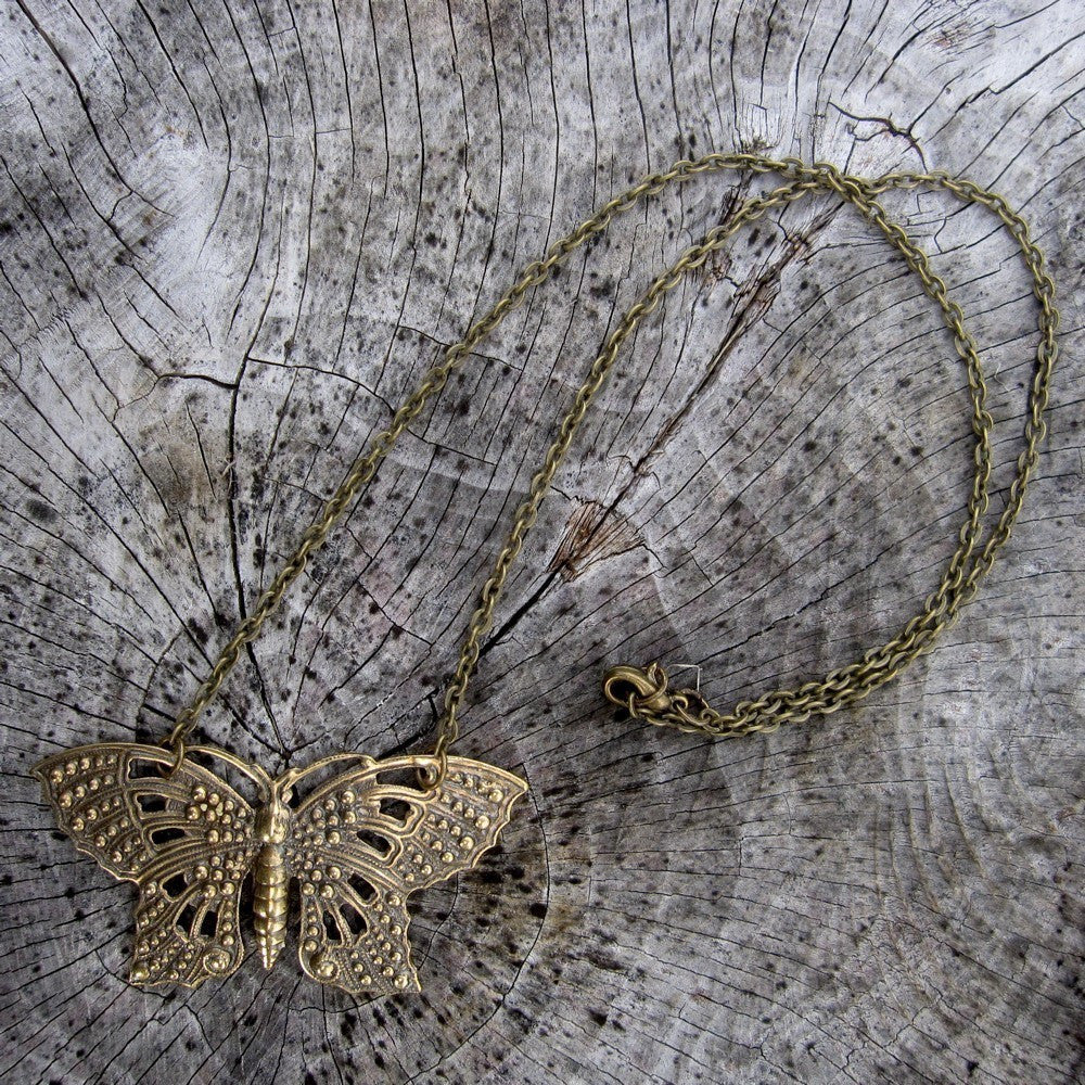 Brass Filigree Butterfly Pendant Necklace