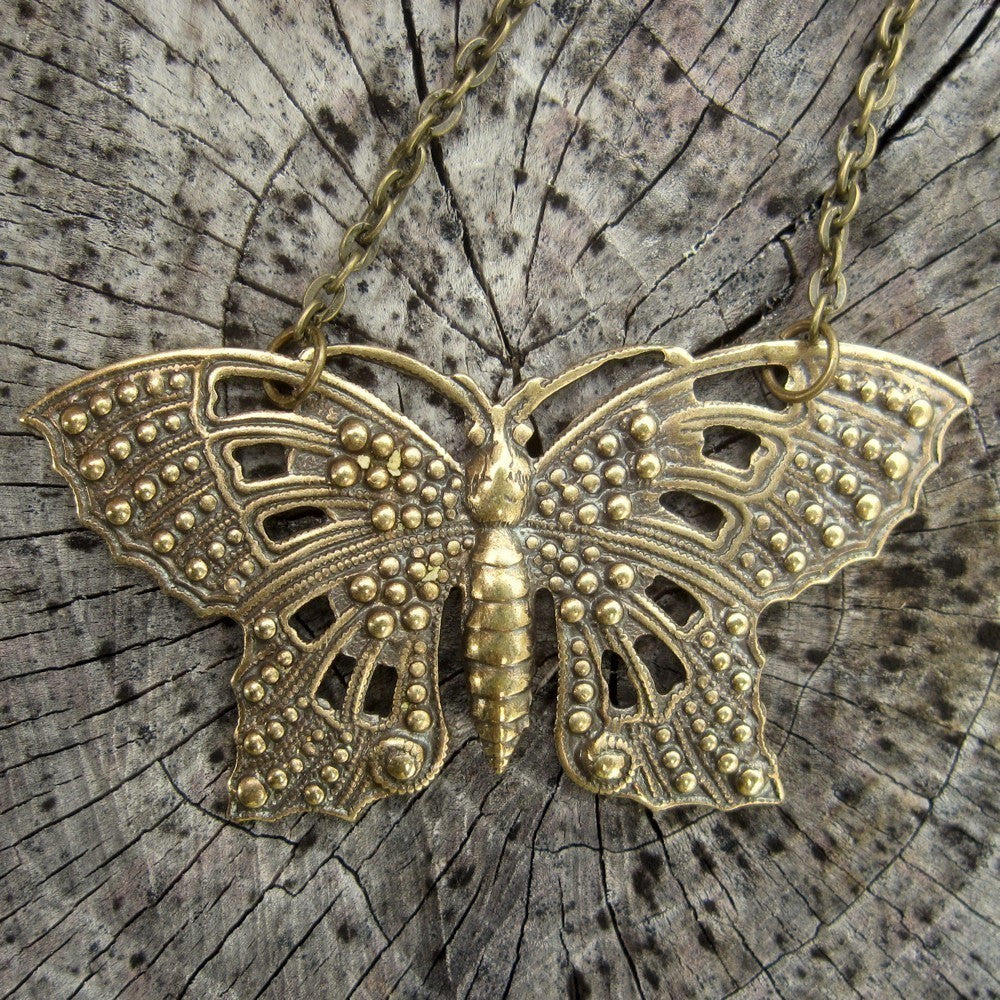 Brass Filigree Butterfly Pendant Necklace