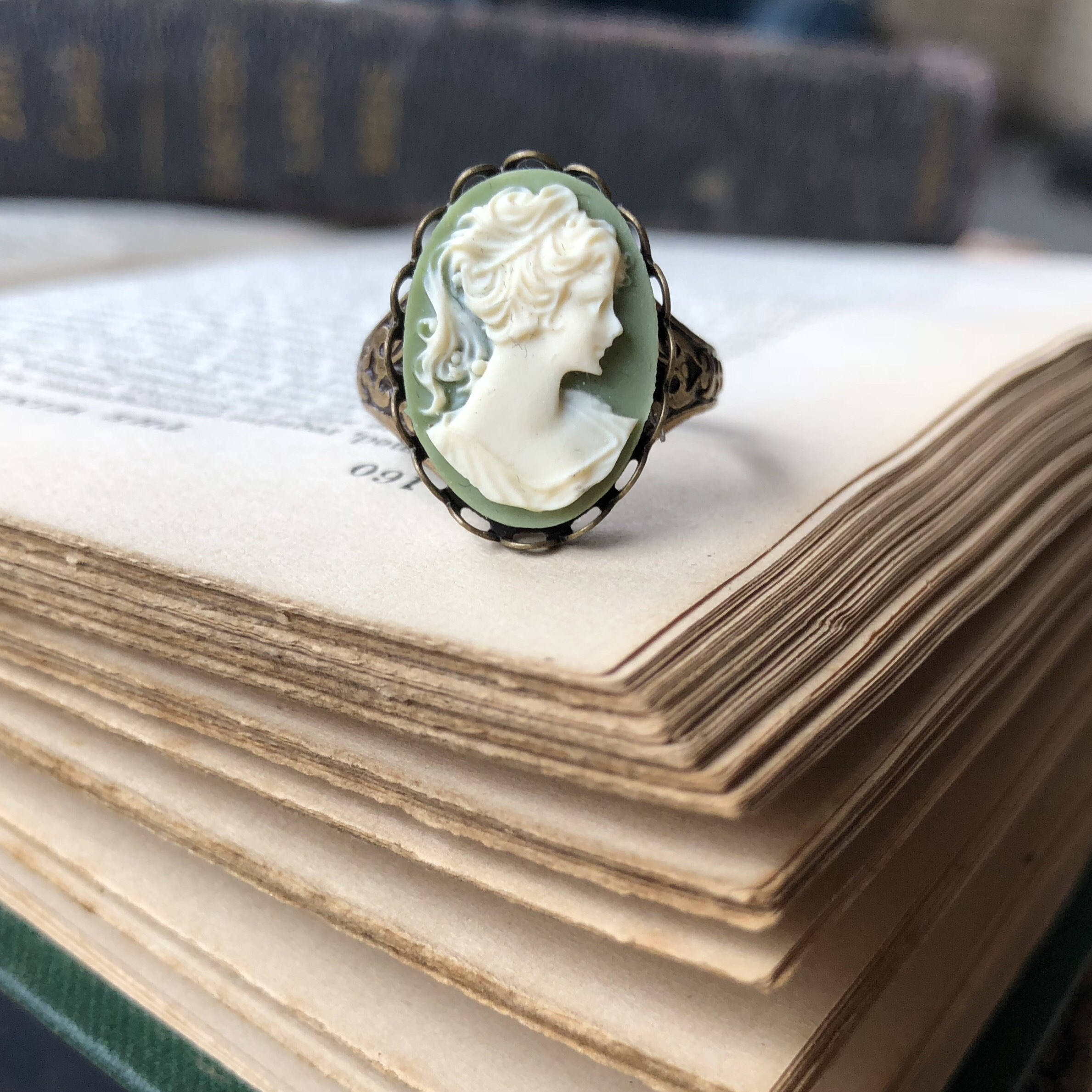 Green and White Woman Cameo Ring