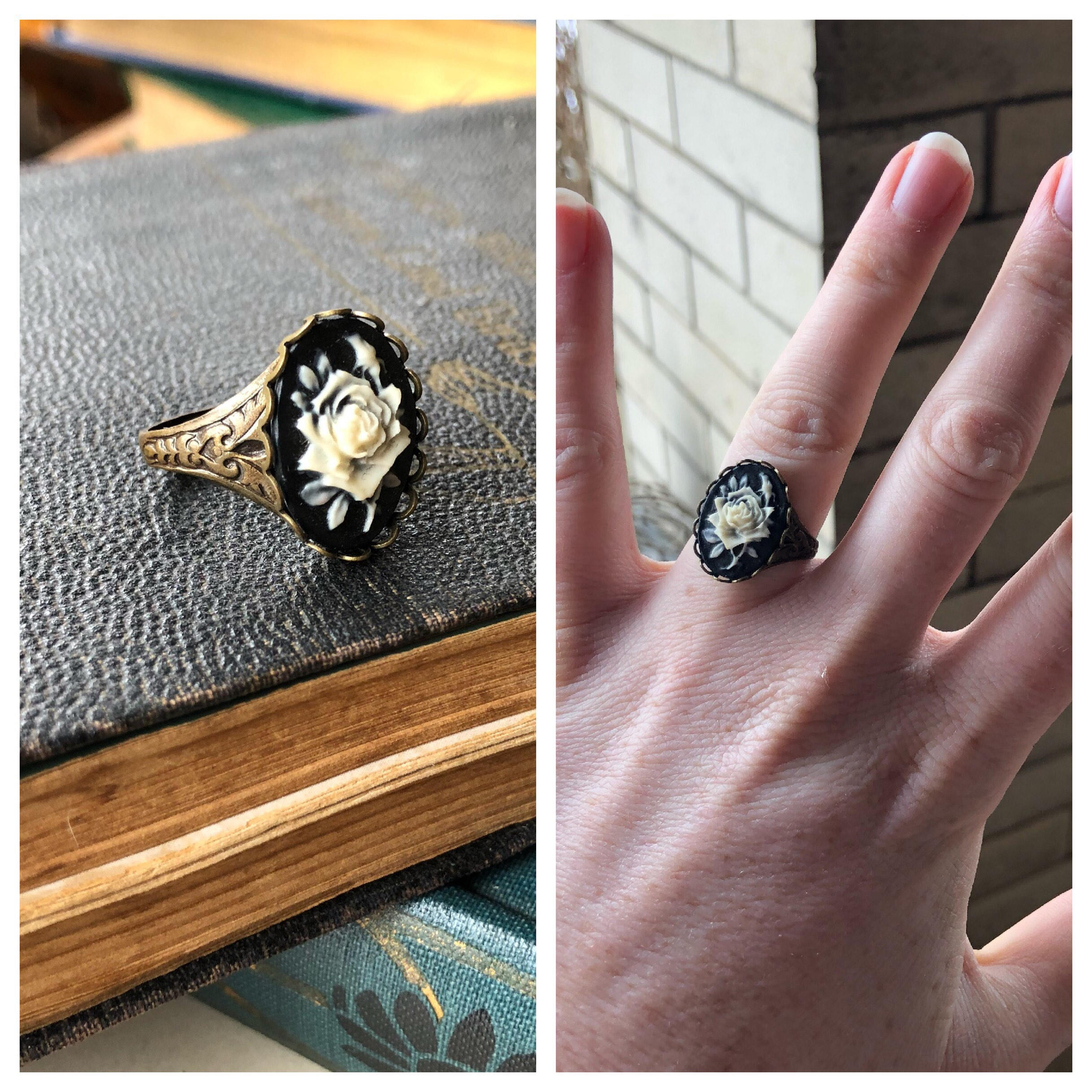 Black Rose Cameo Ring in Antique Brass or Silver