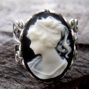 Cameo Ring- Black and White Lady in Silver