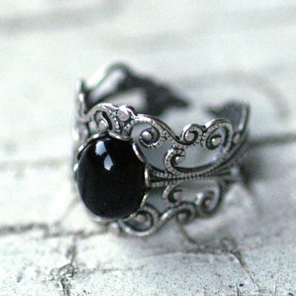 Black Onyx Stone Ring in Antique Brass