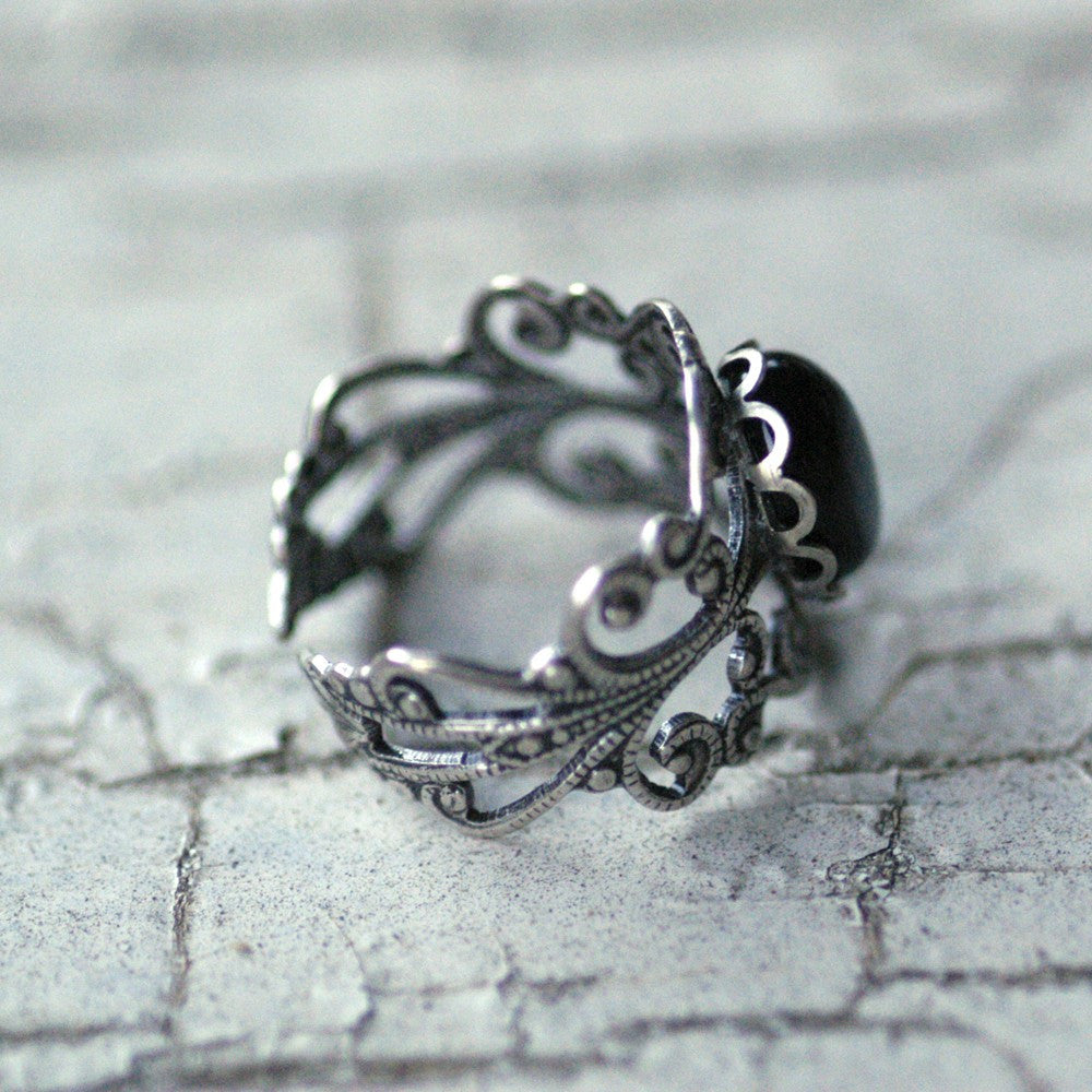 Filigree Ring - Black Onyx Stone in Silver 10x8mm