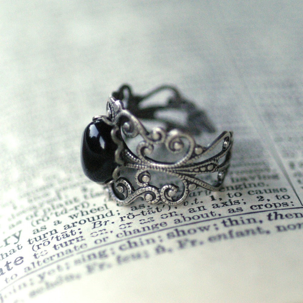 Filigree Ring - Black Onyx Stone in Silver 10x8mm