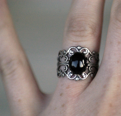 Filigree Ring - Black Onyx Stone in Silver 10x8mm