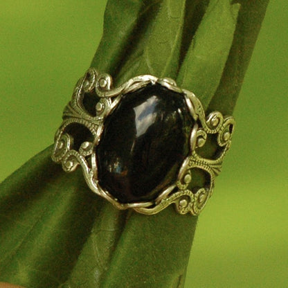 Filigree Ring - Black Onyx Stone in Silver 14x10mm