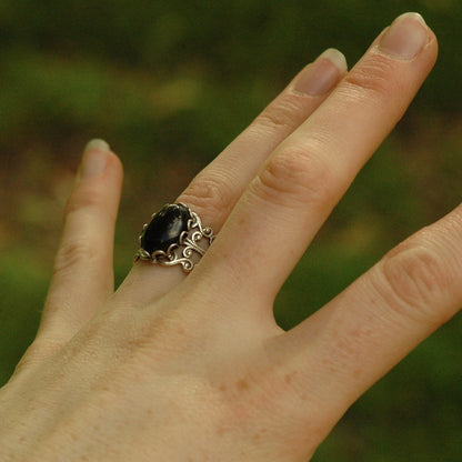 Filigree Ring - Black Onyx Stone in Silver 14x10mm