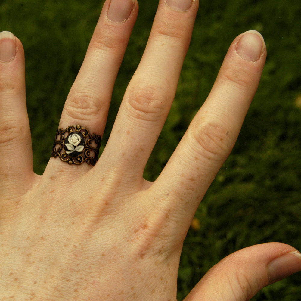 Brass Rose Cameo Filigree Ring