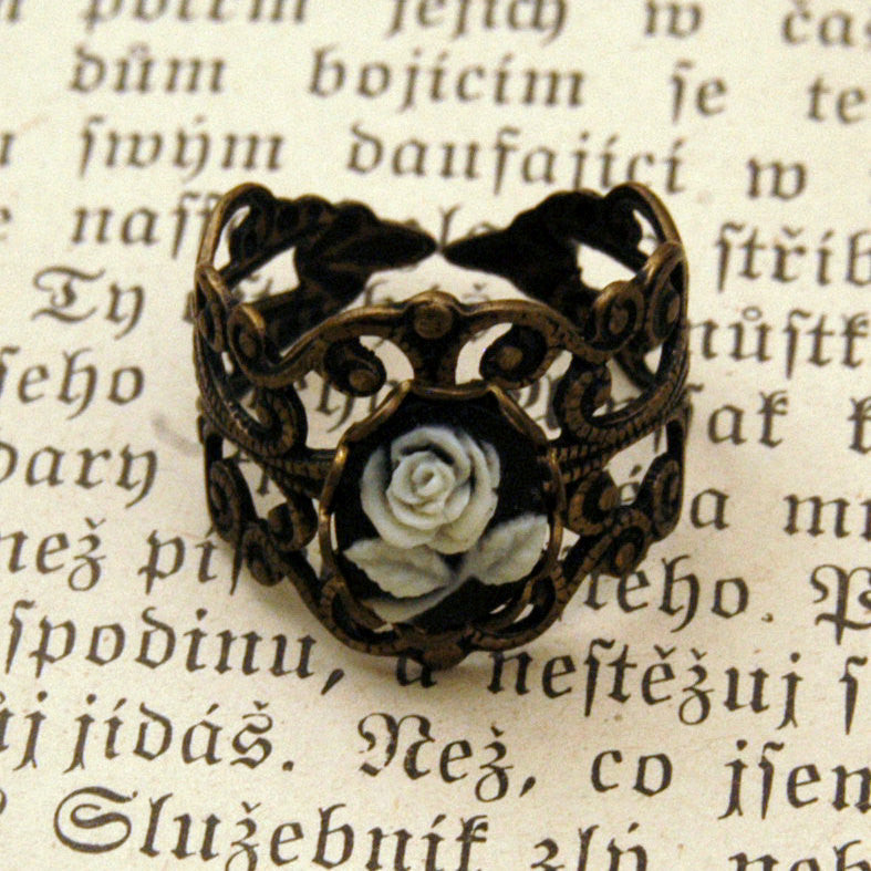 Brass Rose Cameo Filigree Ring