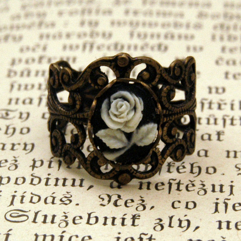 Brass Rose Cameo Filigree Ring