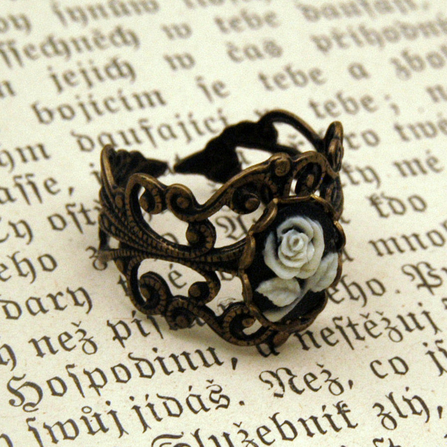 Brass Rose Cameo Filigree Ring