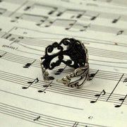 Black and Gray Snowflake Obsidian Silver Ring