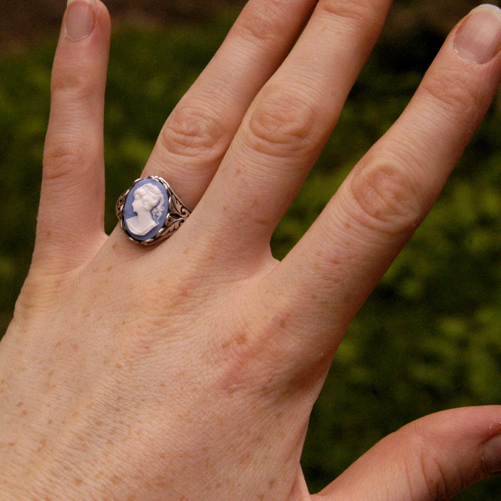 Blue Cameo Ring in Antique Silver