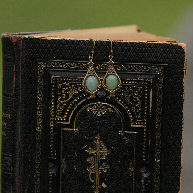 Antiqued brass vintage style stone drop aventurine oval mineral hook earrings.