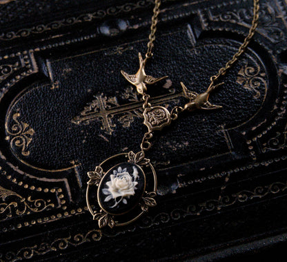 Victorian Flower Cameo Necklace- Brass and Black