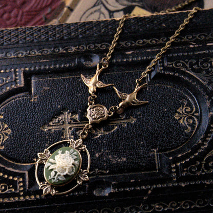 Victorian Flower Cameo Necklace- Brass and Black