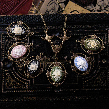 Victorian Flower Cameo Necklace- Brass and Black