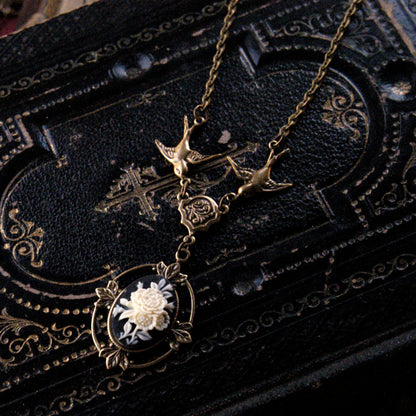 Victorian Flower Cameo Necklace- Brass and Black