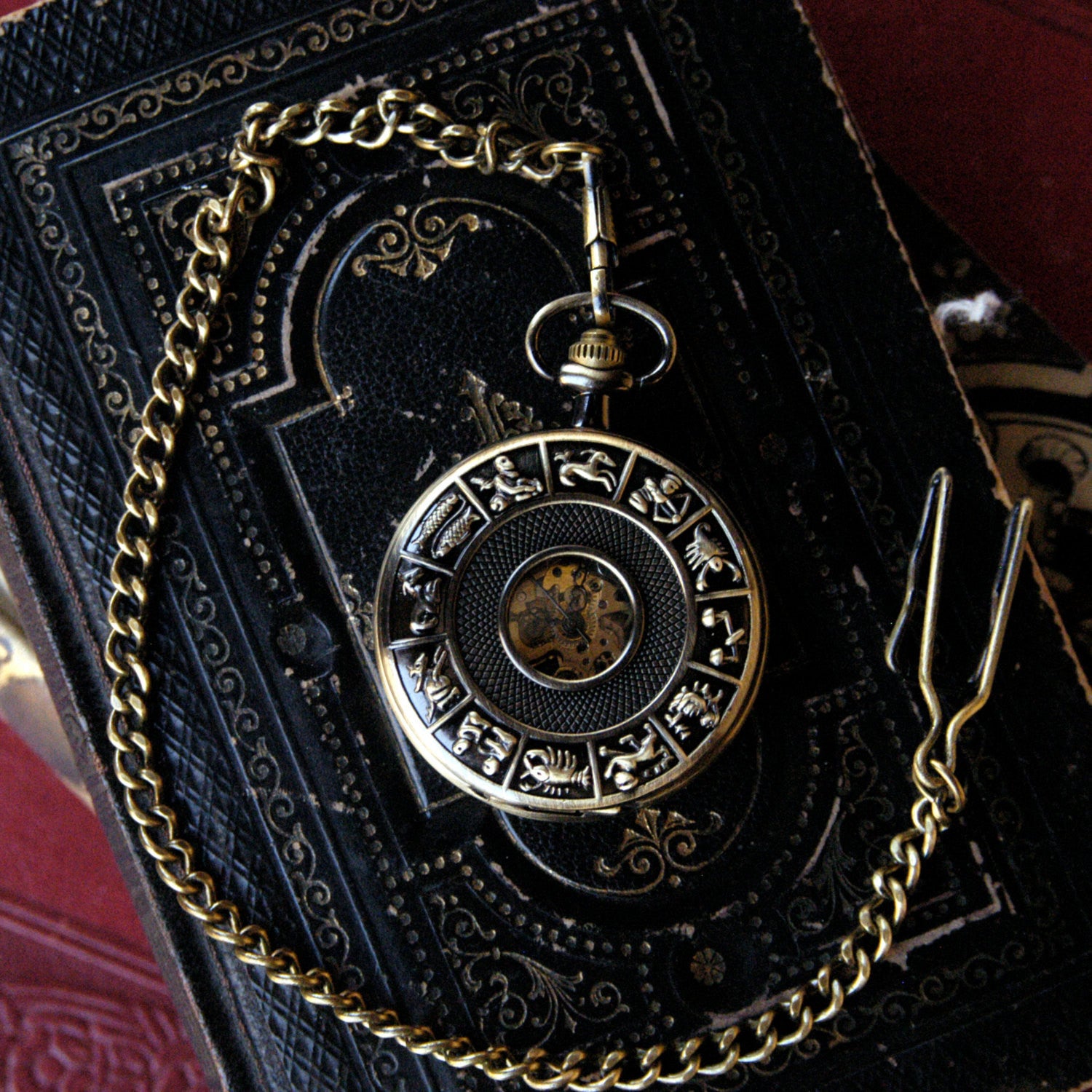 Brass Zodiac Mechanical Pocket Watch on Fob or Necklace