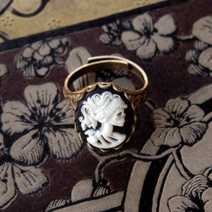 Skeleton Lady Cameo Ring- Black and Brass