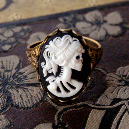 Skeleton Lady Cameo Ring- Black and Brass