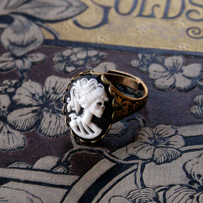 Skeleton Lady Cameo Ring- Black and Brass