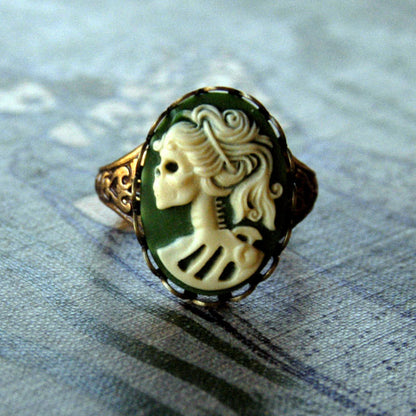 Skeleton Lady Cameo Ring- Green and Brass