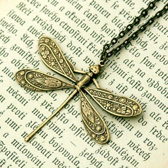 Victorian Dragonfly Necklace- Antiqued Brass