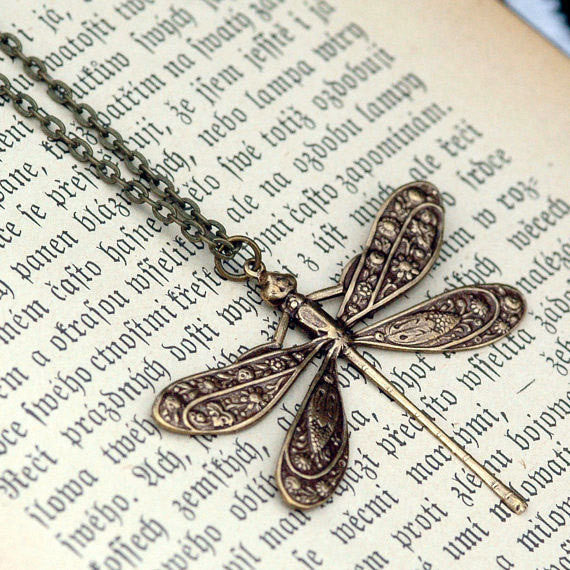 Victorian Dragonfly Necklace- Antiqued Brass