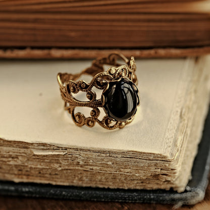 Black Onyx Stone Ring in Antique Brass